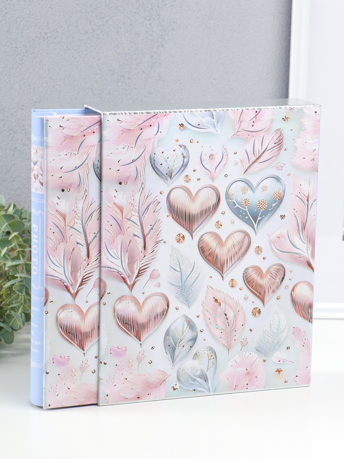 Фотоальбом на 200 фото 13×18 см «Сердца и листья», серо-розовый, в коробке, 5.5×23.5×29.5 см - Фото 1