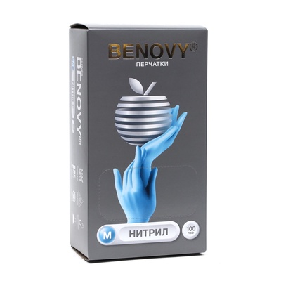 Перчатки Benovy, нитриловые, медицинские, 3 г, размер M, 100 пар, голубые