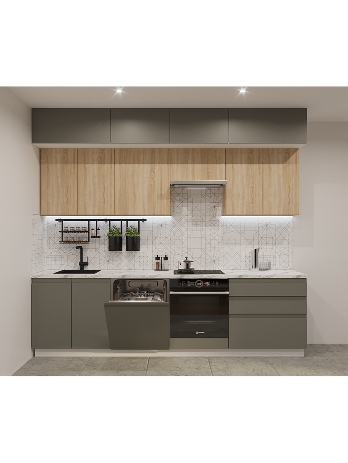 Кухонный гарнитур прямой трёхуровневый в потолок «Лайн 44», 2800 мм, цвет обсидиан/дуб сонома - Фото 1