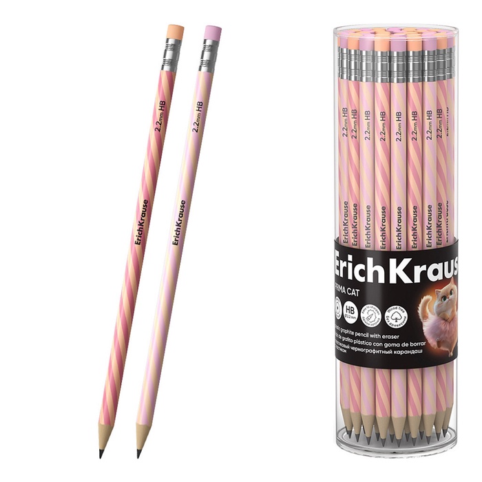 Карандаш чернографитный ErichKrause Prima Cat круглый, с ластиком, HB, в тубусе, пластик - Фото 1