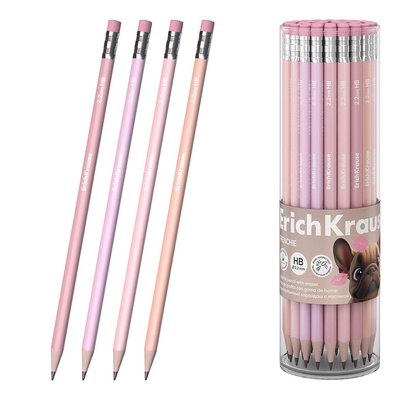 Карандаш чернографитный ErichKrause Frenchie трехгранный, с ластиком HB, в тубусе, пластик