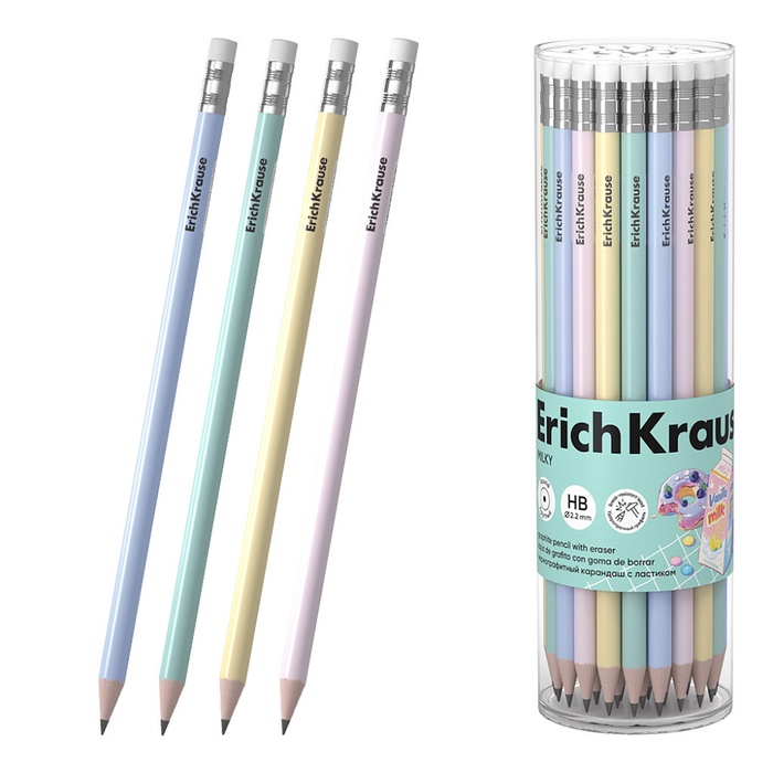 Карандаш чернографитный ErichKrause Milky круглый, с ластиком, HB, в тубусе, пластик - Фото 1