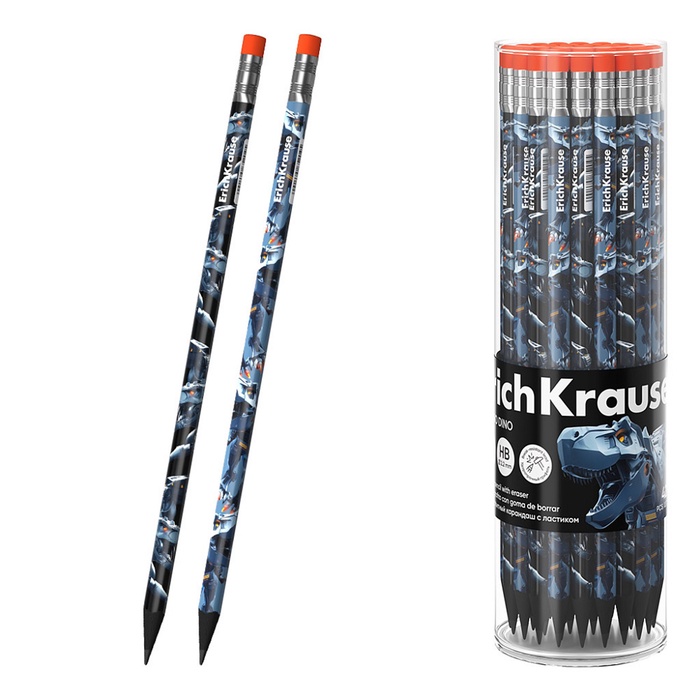 Карандаш чернографитный ErichKrause Techno Dino, трехгранный, с ластиком HB, в тубусе, пластик - Фото 1