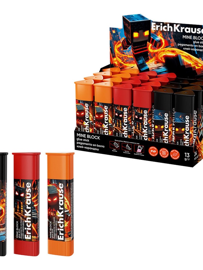 Клей-карандаш PVP, ErichKrause Prism Mine Block, 13 г, МИКС