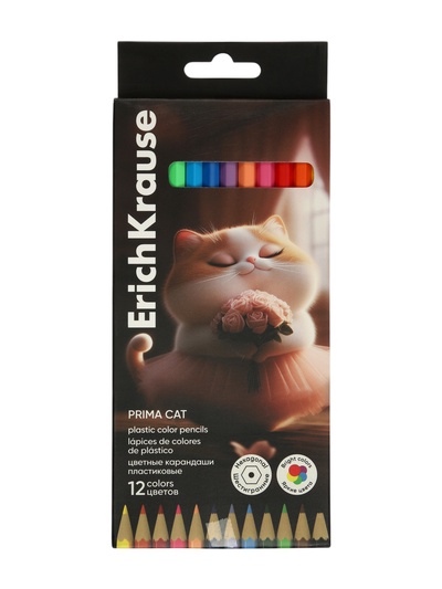 Карандаши 12 цветов, ErichKrause Prima Cat, пластиковые, шестигранные