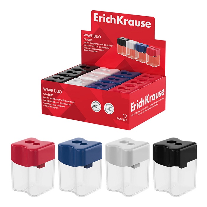 Точилка ErichKrause Wave Duo Classic, с контейнером, МИКС - Фото 1