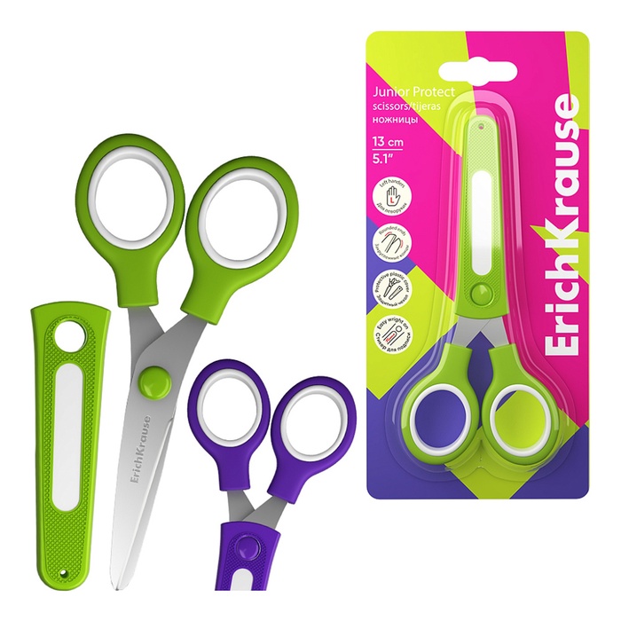 Ножницы 13 см ErichKrause Junior, для левшей, с пластиковым чехол и именным стикером, МИКС - Фото 1
