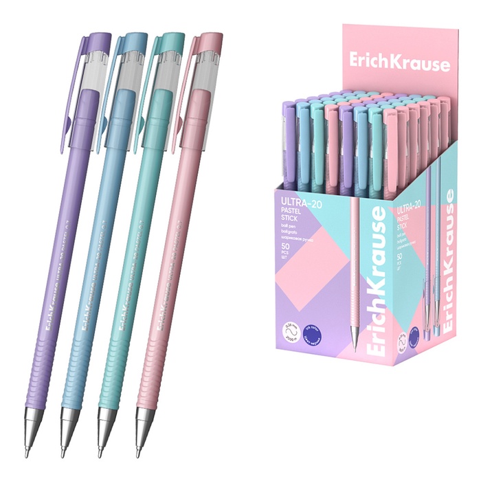 Ручка шариковая ErichKrause ULTRA-20 Stick Pastel, Super Glide, узел 0.7 мм, синяя