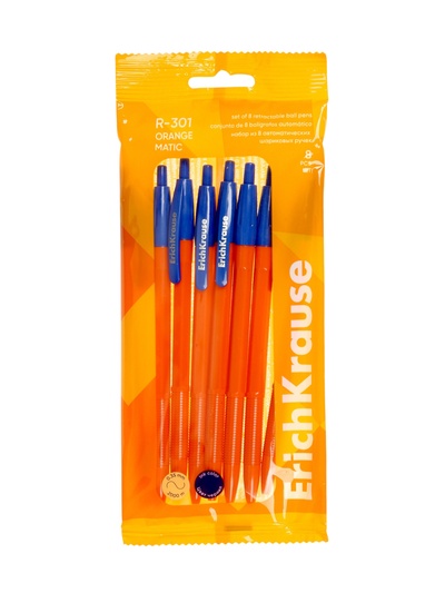 Набор ручек шариковых автоматических ErichKrause R=301 Matic Orange, 8 штук, узел 0.7 мм, синий