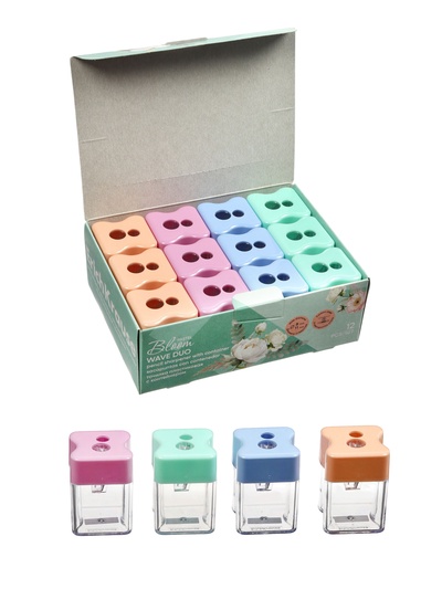Точилка ErichKrause Wave Duo Pastel Bloom, 2 отверстия, с контейнером, МИКС