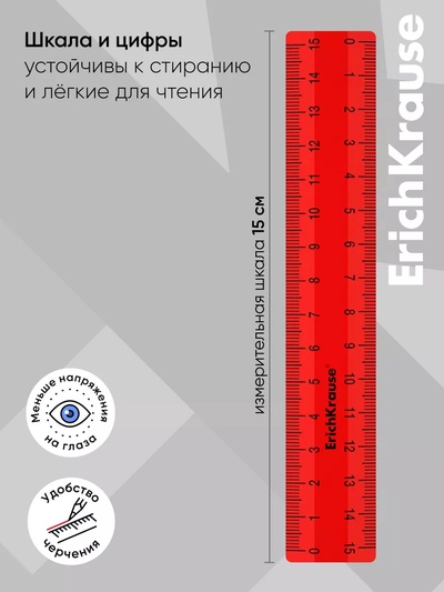 Линейка 15 см ErichKrause Classic, красная, флоу-пак