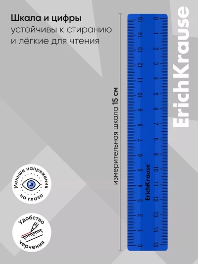 Линейка 15 см ErichKrause Classic, синяя, флоу-пак