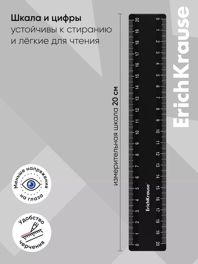 Линейка 20 см ErichKrause Classic, черная, флоу-пак