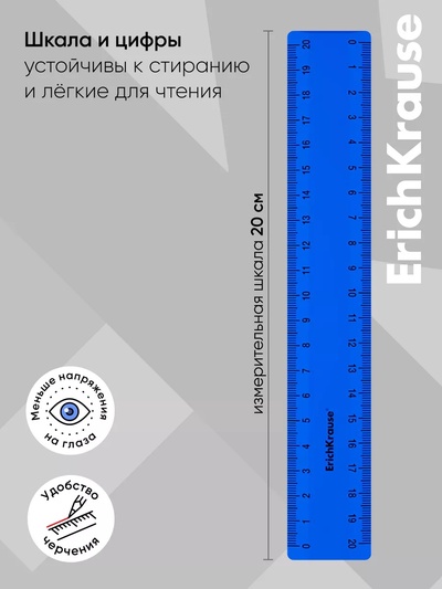 Линейка 20 см ErichKrause Classic, синяя, флоу-пак
