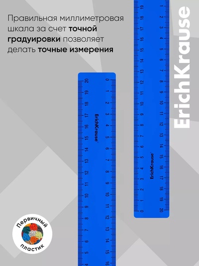 Линейка 20 см ErichKrause Classic, синяя, флоу-пак