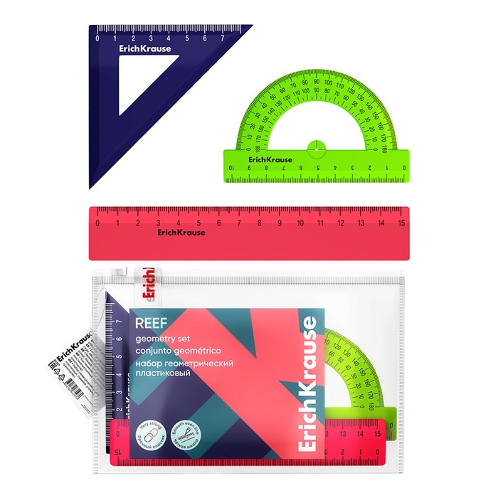 Набор геометрический малый ErichKrause Reef: линейка, угольник, транспортир, МИКС - Фото 1