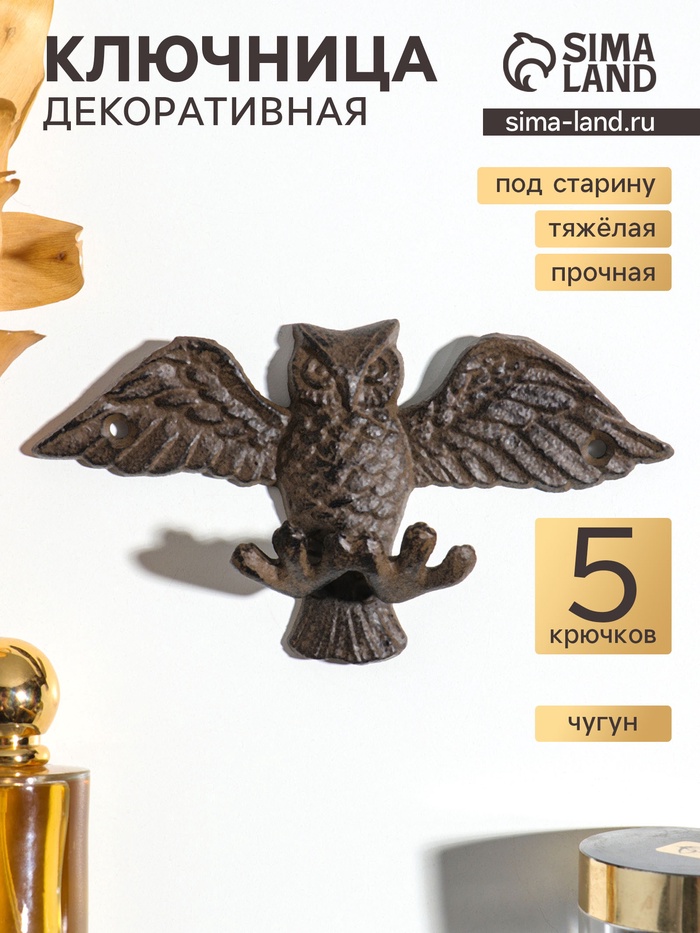 Крючки настенные «Летящая сова», ключница декоративная, чугун, 17.7×9.5×3.8 см