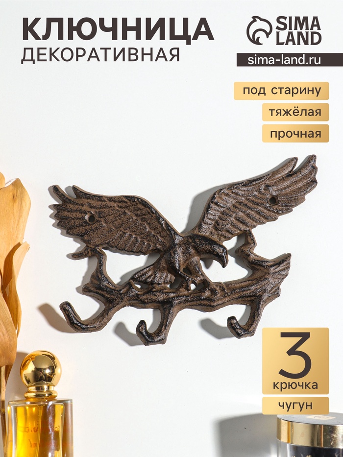 Крючки настенные «Орёл на ветке», ключница декоративная, чугун, 17×12.5×2 см - Фото 1