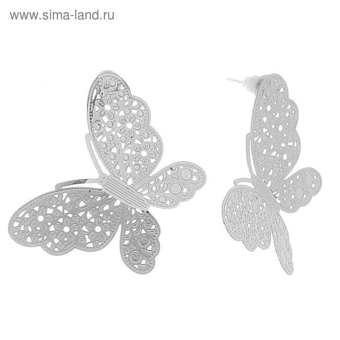 Серьги металл "Бабочки крупные", цвет серебро - Фото 1