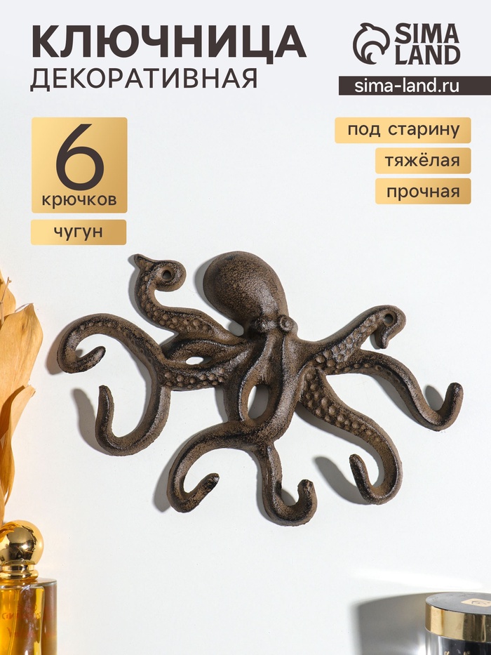 Крючки настенные «Осьминог», ключница декоративная, чугун, 24.8×18.4×2.6 см - Фото 1