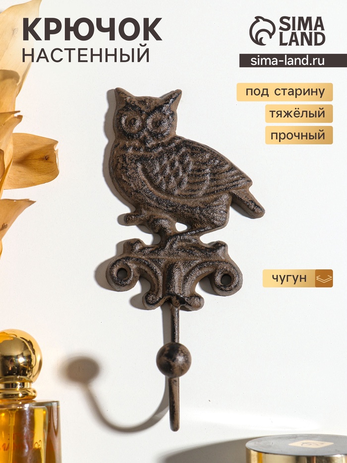 Крючок настенный «Сова на ветке», ключница декоративная, чугун, 8×18×6 см