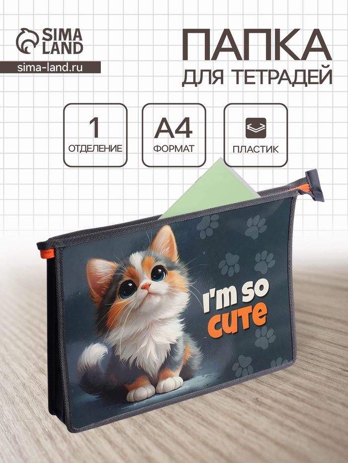 Папка для тетрадей А4 «Котенок», молния сверху, ламинированный картон - Фото 1