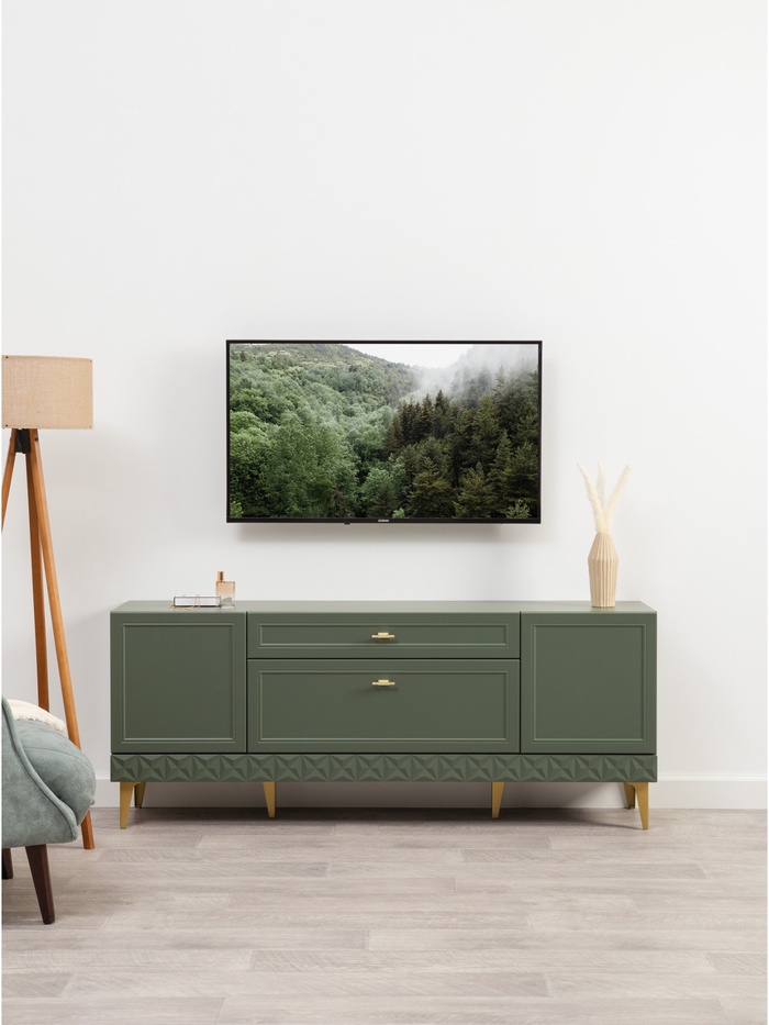 Тумба напольная «Марион 16.167», 1601×369×649 мм, цвет дымчатый зеленый / олива шагрень