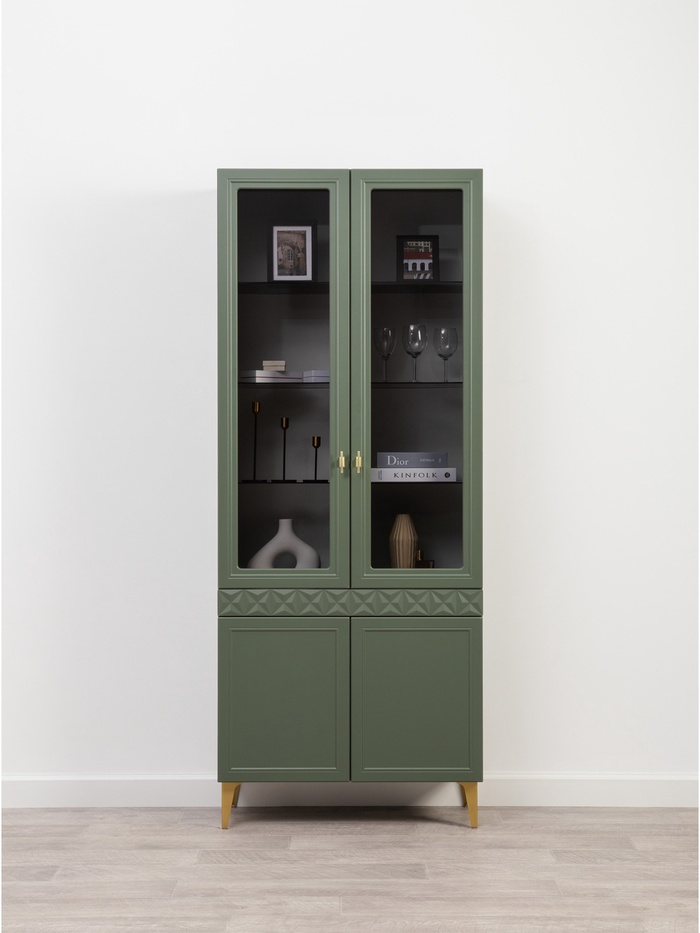 Шкаф – витрина «Марион 16.397.02», 801×369×2000 мм, цвет дымчатый зеленый / олива шагрень