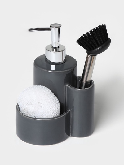 УЦЕНКА Дозатор для моющего средства Доляна «Милитари», 370 мл, с губкой и щёткой, серый