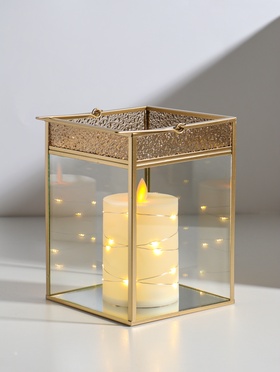 Подсвечник - фонарь «Капли сверху», с ручкой, стекло, металл под золото, 13.5×13.5×19 см