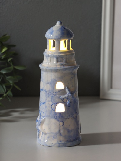 Фигурка светящаяся «Маяк», керамика, мраморный бело-синий, 6.5×6.5×18 см