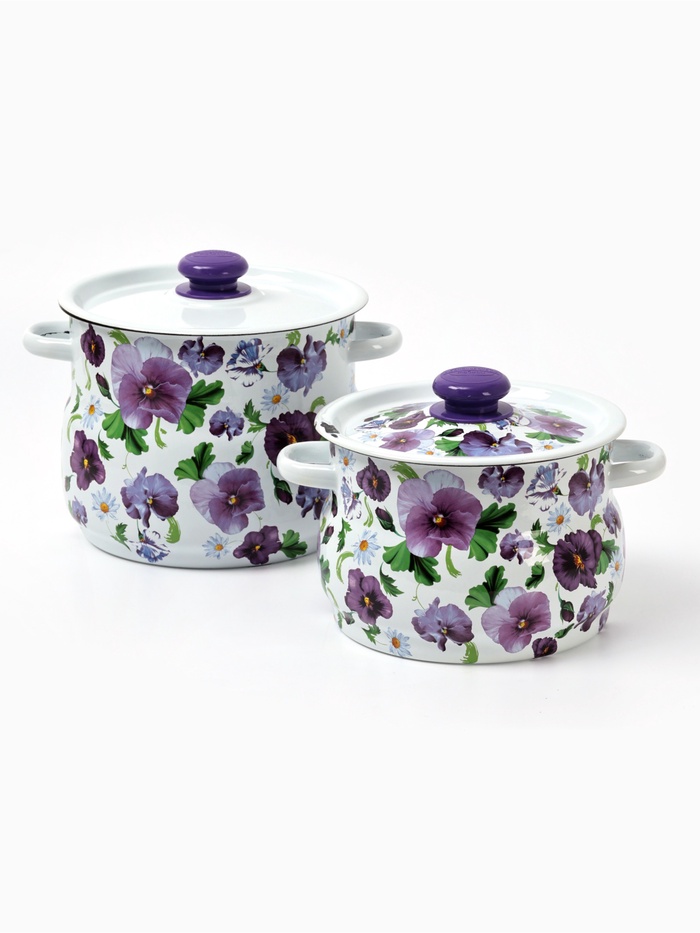 УЦЕНКА Набор кастрюль №10 (4 л, 5.5 л) белый «Анютины глазки» - Фото 1