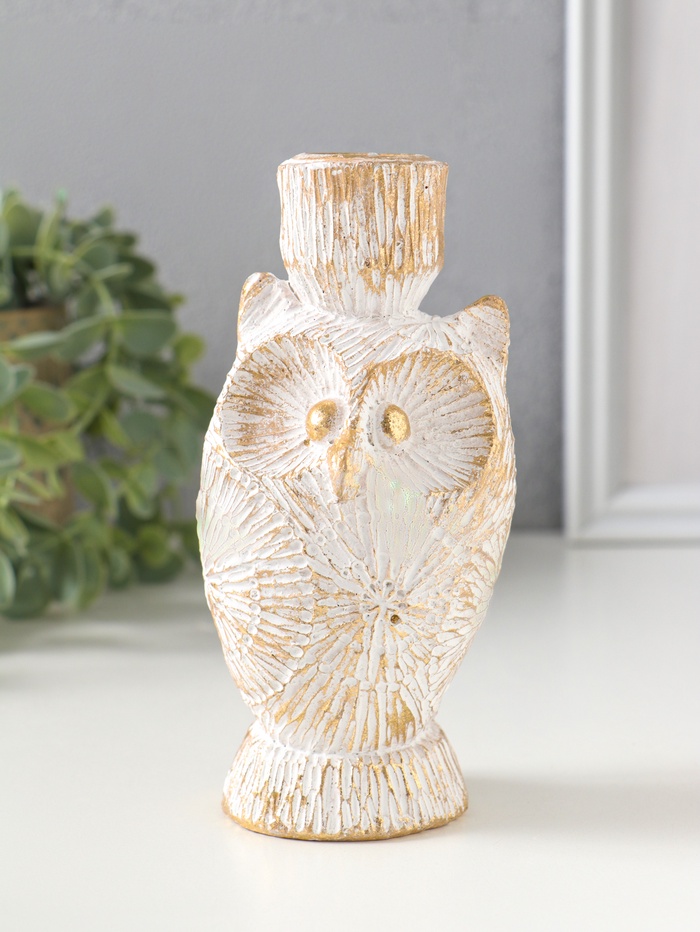 Подсвечник на 1 свечу «Филин. Золотые круги», d=2.2 см, полистоун, 7×6.5×14 см