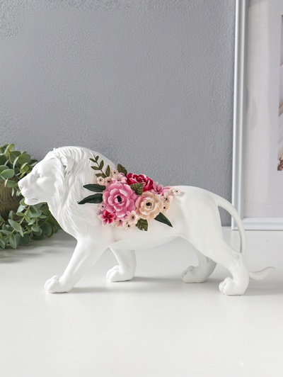 Фигура полистоун «Белый лев в розовых цветах», 30×8.5×17 см