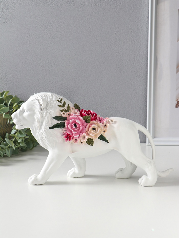 Фигура полистоун «Белый лев в розовых цветах», 30×8.5×17 см