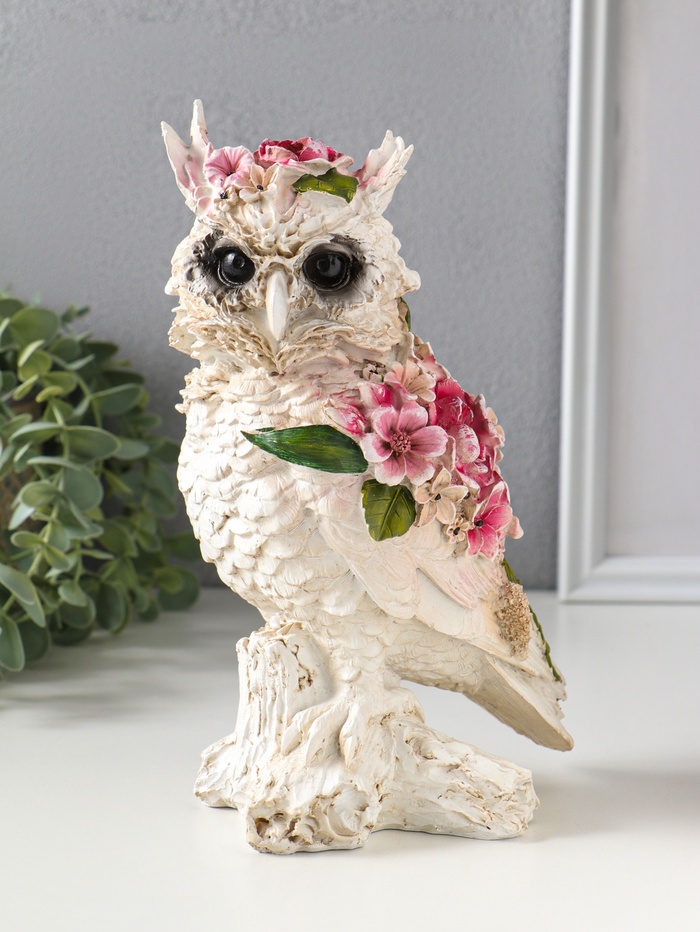 Фигура полистоун «Белая сова в цветах», 13×10×22 см