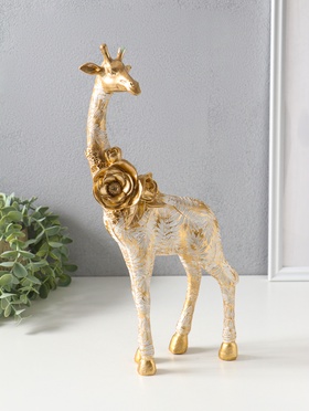 Фигура полистоун «Жираф с листьями и цветами», бело-золотой, 17.3×8.3×35.5 см