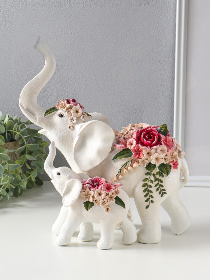 Фигура полистоун «Белый слон со слонёнком в цветах», 25.4×13.8×29.2 см