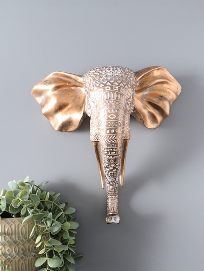 Панно настенное полистоун «Индийский слон с узорами», интерьерный декор, золото с патиной, 30.5×13×29.5 см