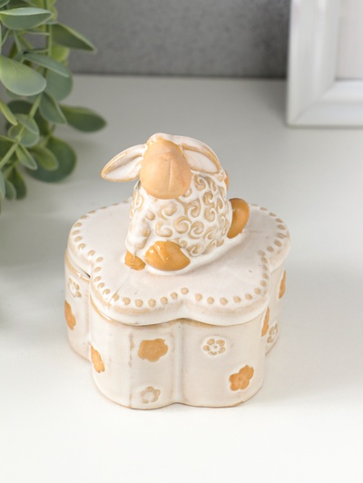 Шкатулка для украшений керамика «Кудряш бараш», беж, 7.9×7.9×9.5 см