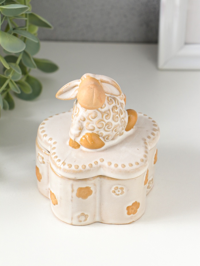 Шкатулка для украшений керамика «Кудряш бараш», беж, 7.9×7.9×9.5 см