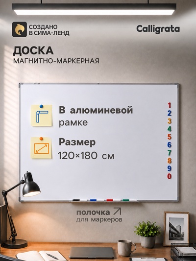Доска магнитно-маркерная Calligrata, 120×180 см, с полочкой, в алюминиевой рамке