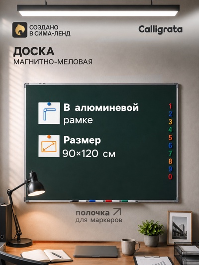 Доска магнитно-меловая Calligrata, 90×120 см, зелёная, с полочкой, в алюминиевой рамке