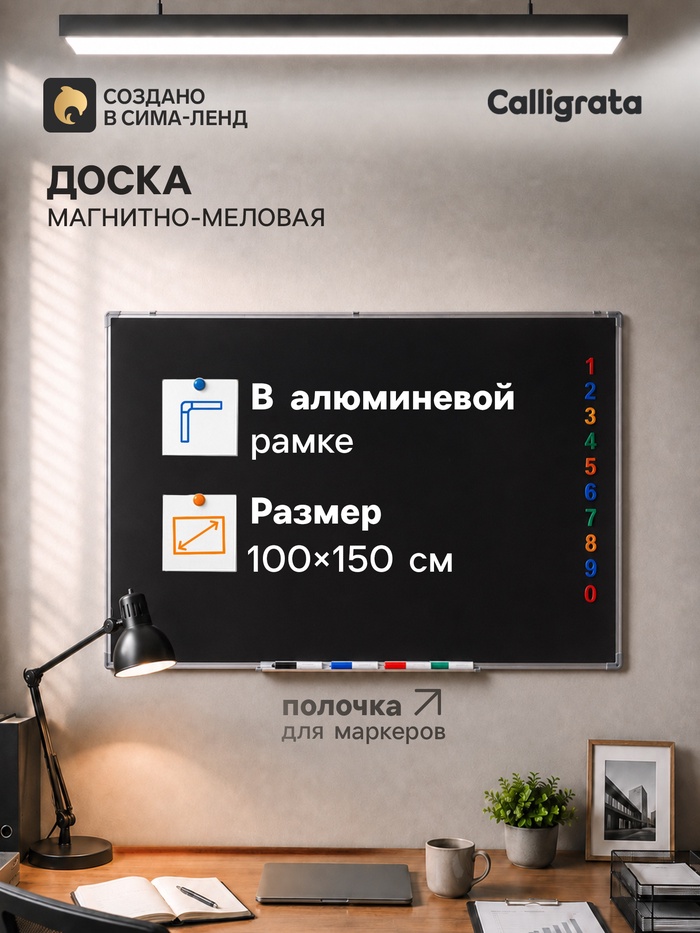 Доска магнитно-меловая Calligrata, 100×150 см, чёрная, с полочкой, в алюминиевой рамке - Фото 1