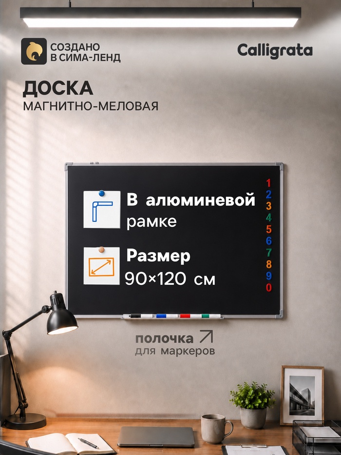 Доска магнитно-меловая Calligrata, 90×120 см, черная, с полочкой, в алюминиевой рамке