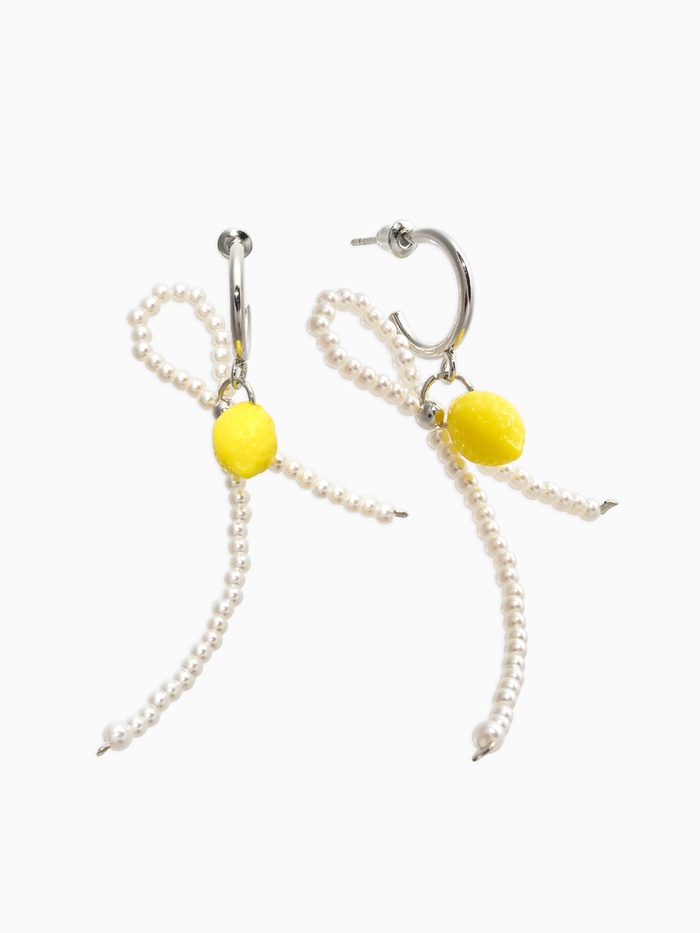 Серьги с подвеской «Лимон с бантиком», шар №2, жёлтый, белые в серебре