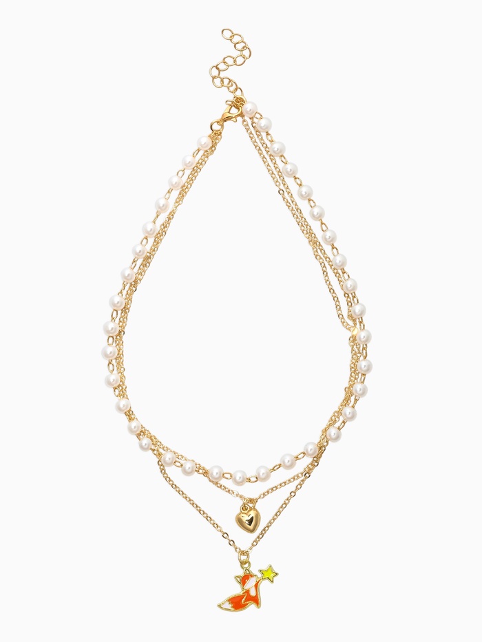 Бусы с цепочкой и кулоном детские «Выбражулька. Лиса, сердце, жемчуг», L=42 см, 3 нити, белые в золоте