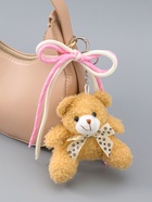 Брелок для ключей на кольце, карабине «Мишка с бело-розовым бантиком», на сумку, рюкзак, мягкий, бежевый 6×9.5×20 см - Фото 1