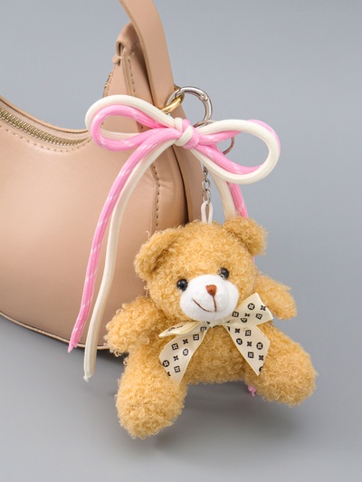 Брелок для ключей на кольце, карабине «Мишка с бело-розовым бантиком», на сумку, рюкзак, мягкий, бежевый 6×9.5×20 см