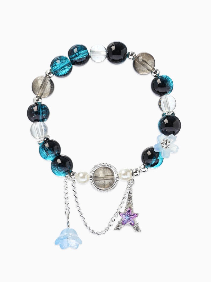 Браслет с подвесками «Сахарный. Башня с цветами», d=6 см, шар №10/8, чёрный, синий в серебре
